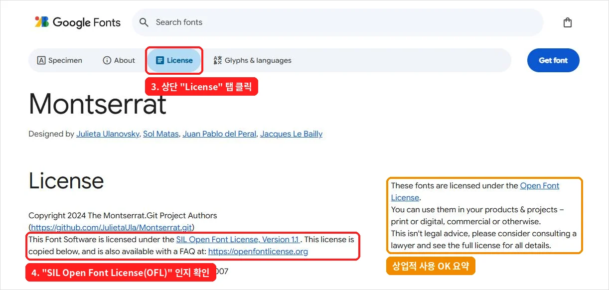 Google Fonts 폰트 페이지의 License 탭과 SIL Open Font License 표기 위치